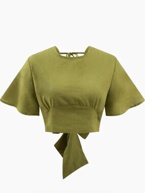Zara Tie Back Linen Flounce Crop In Green